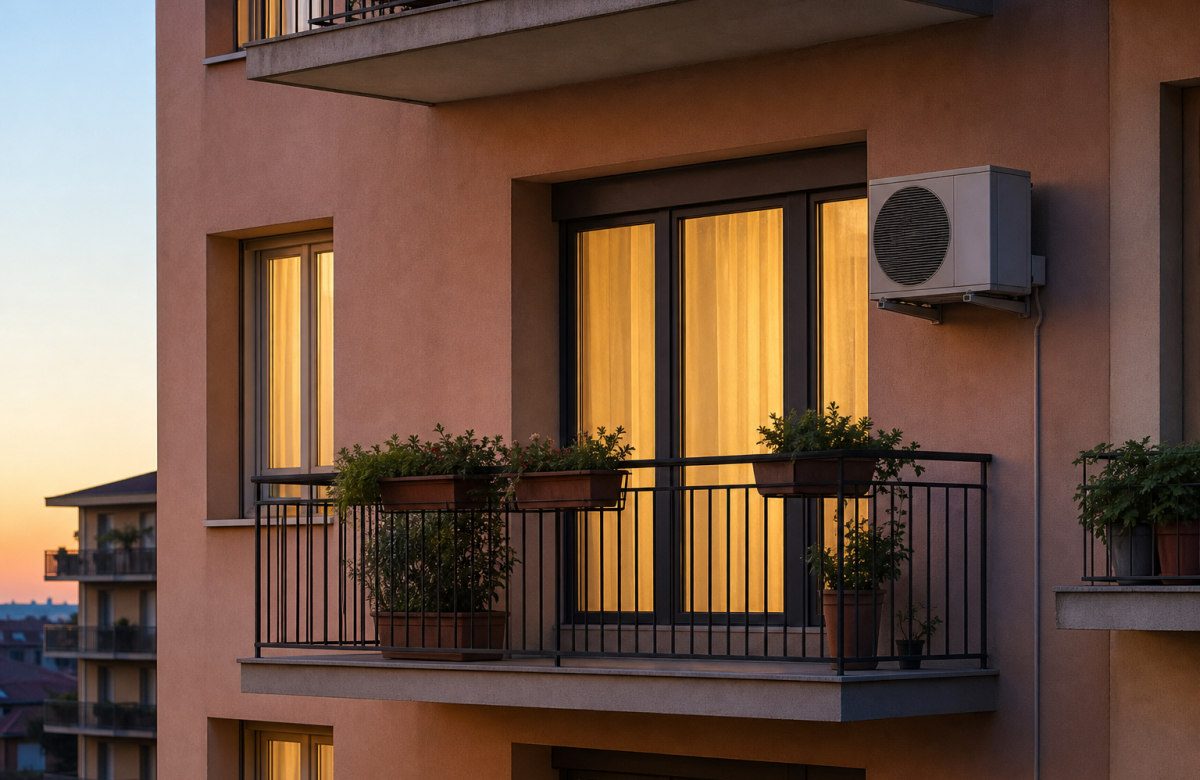 Balcone generico con unità esterna di condizionatore in un condominio
