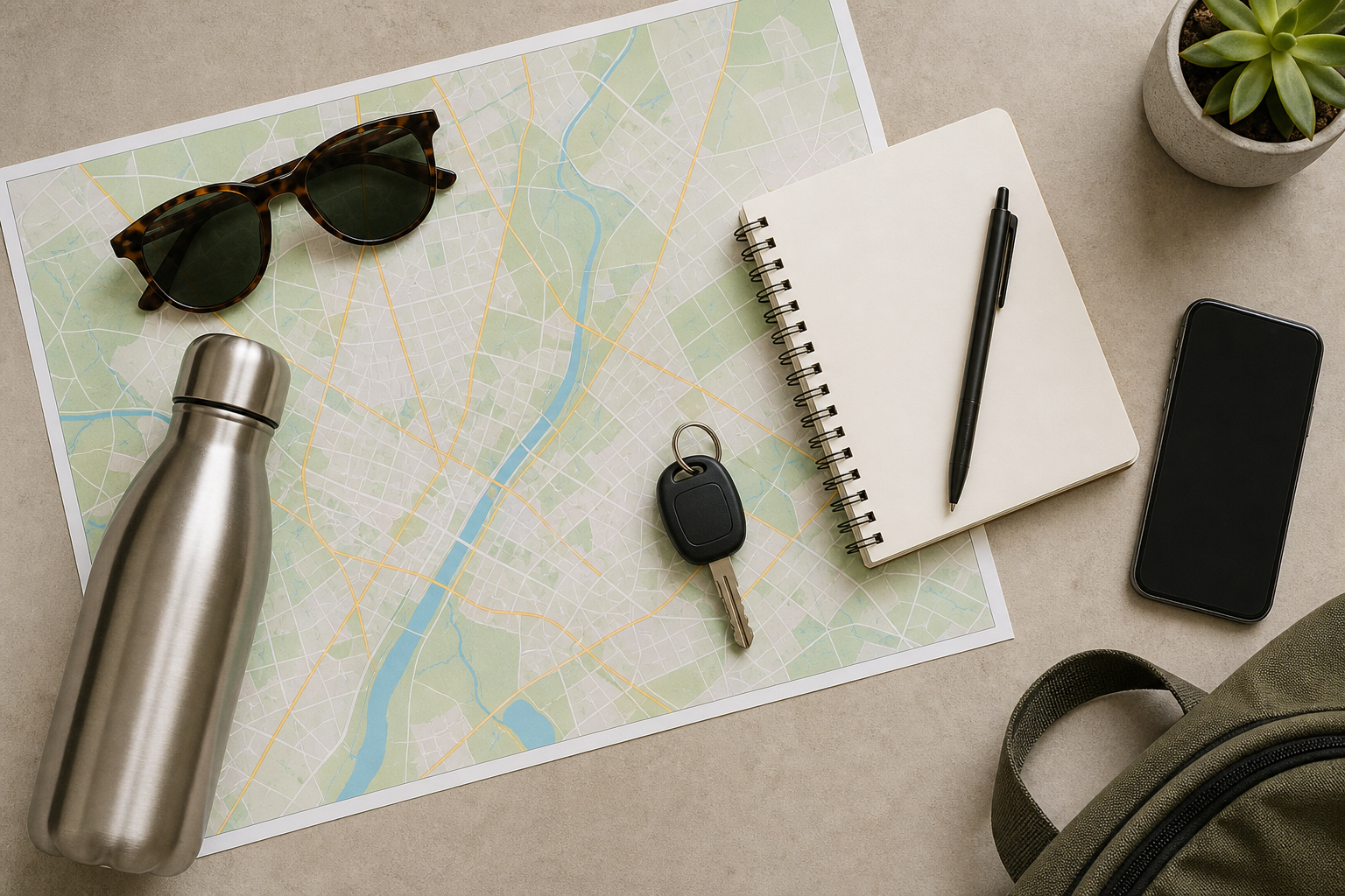 Mappa generica e oggetti per preparare un viaggio in auto