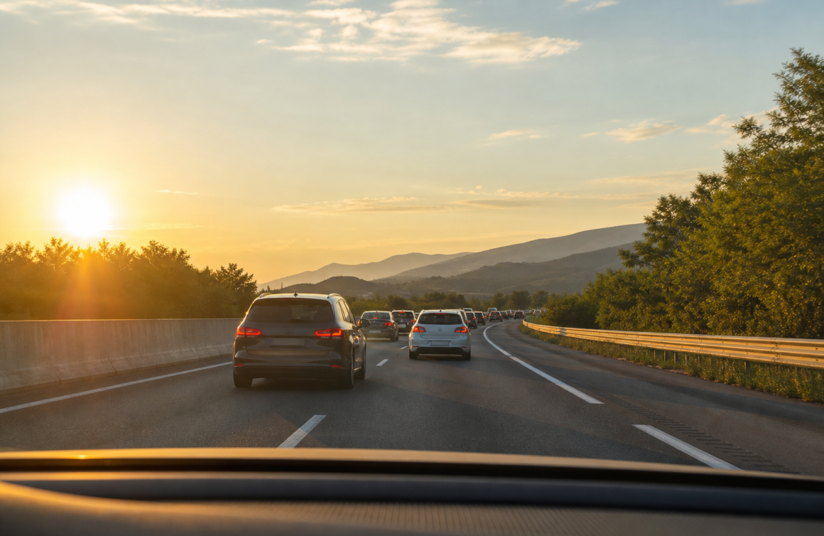 Traffico estivo generico visto da un auto al mattino