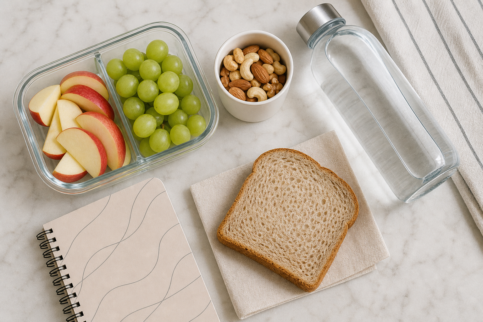 Frutta tagliata acqua pane e frutta secca per una merenda scolastica generica