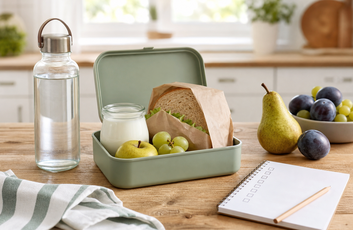 Lunchbox con frutta yogurt acqua e panino in una cucina generica