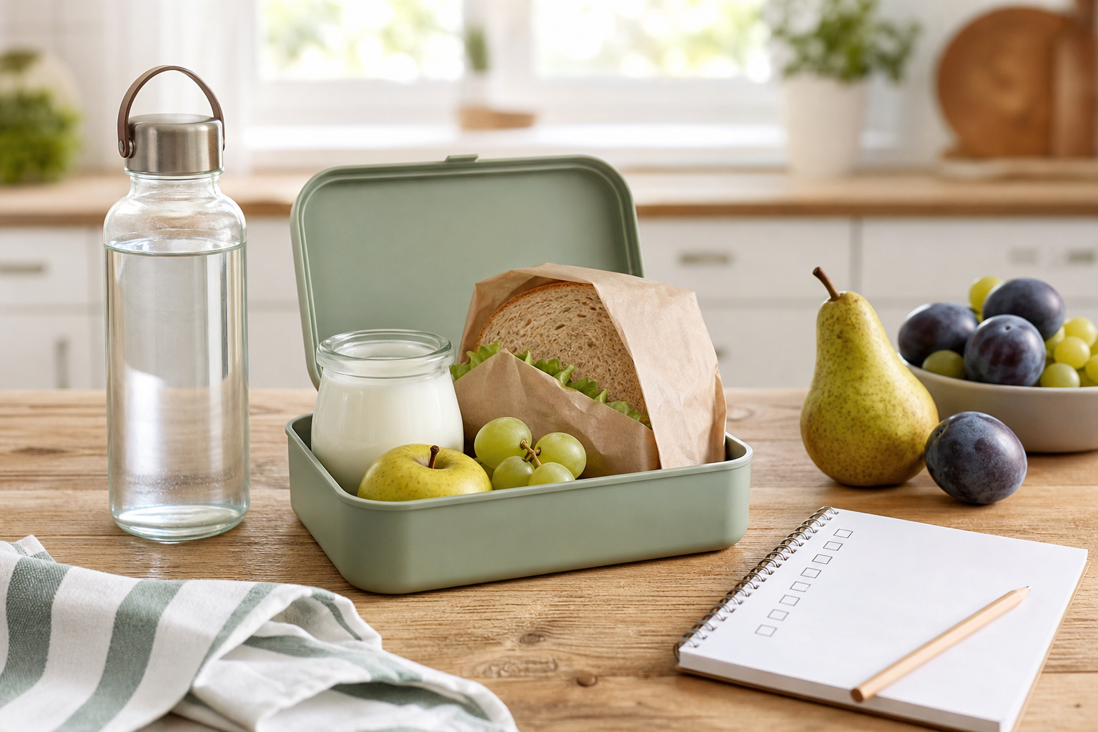 Lunchbox con frutta yogurt acqua e panino in una cucina generica
