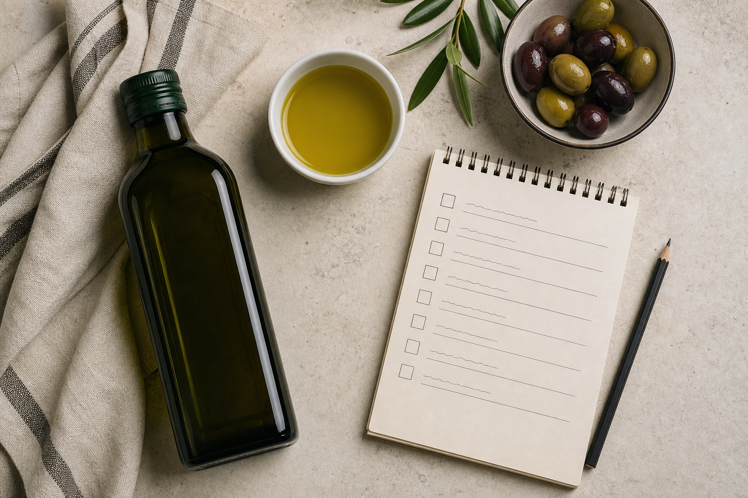 Bottiglia anonima di olio e checklist vuota per leggere l'etichetta