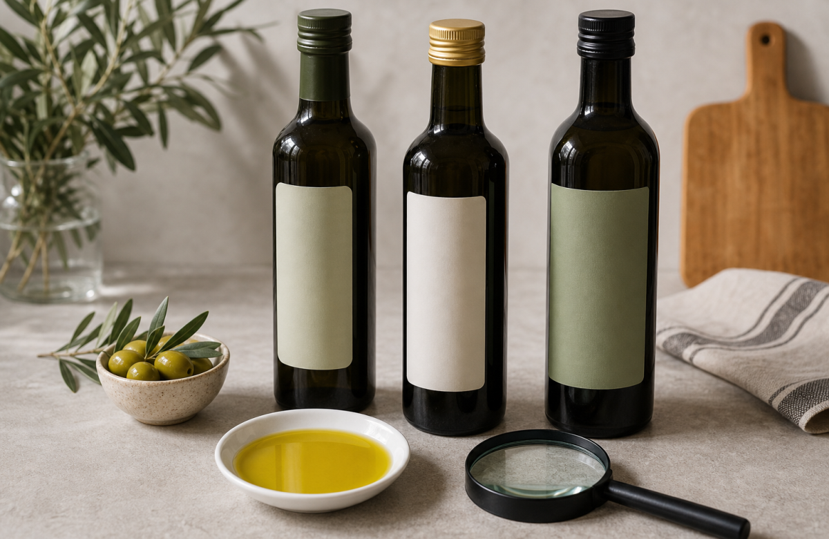 Bottiglie anonime di olio con etichette vuote e lente