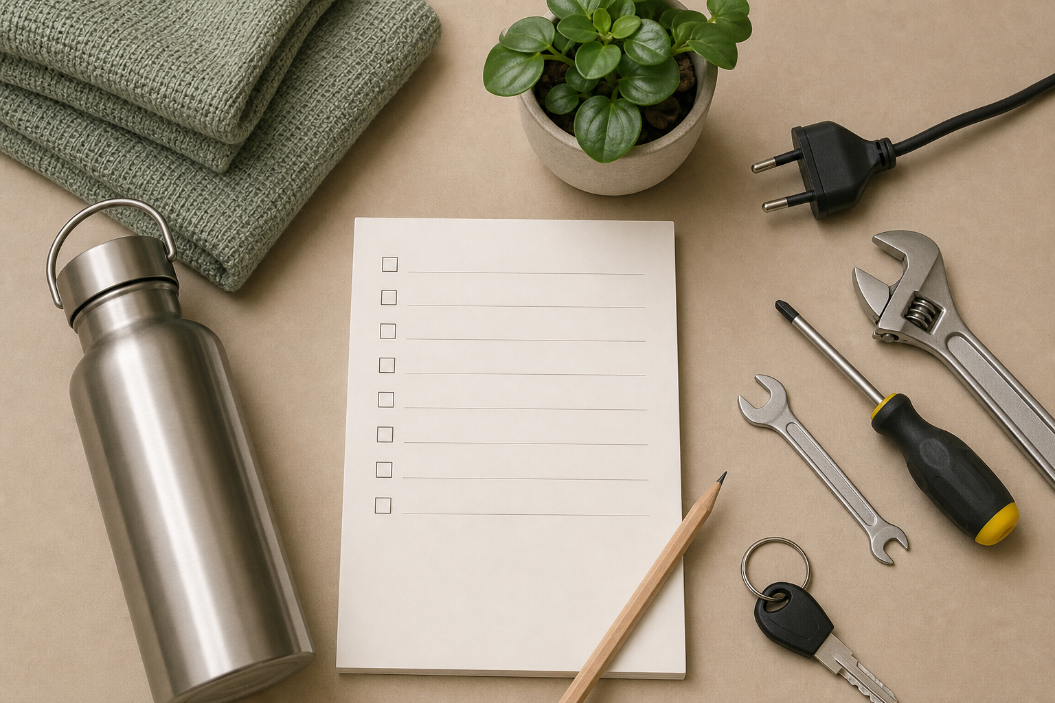 Checklist domestica con borraccia e oggetti riutilizzabili