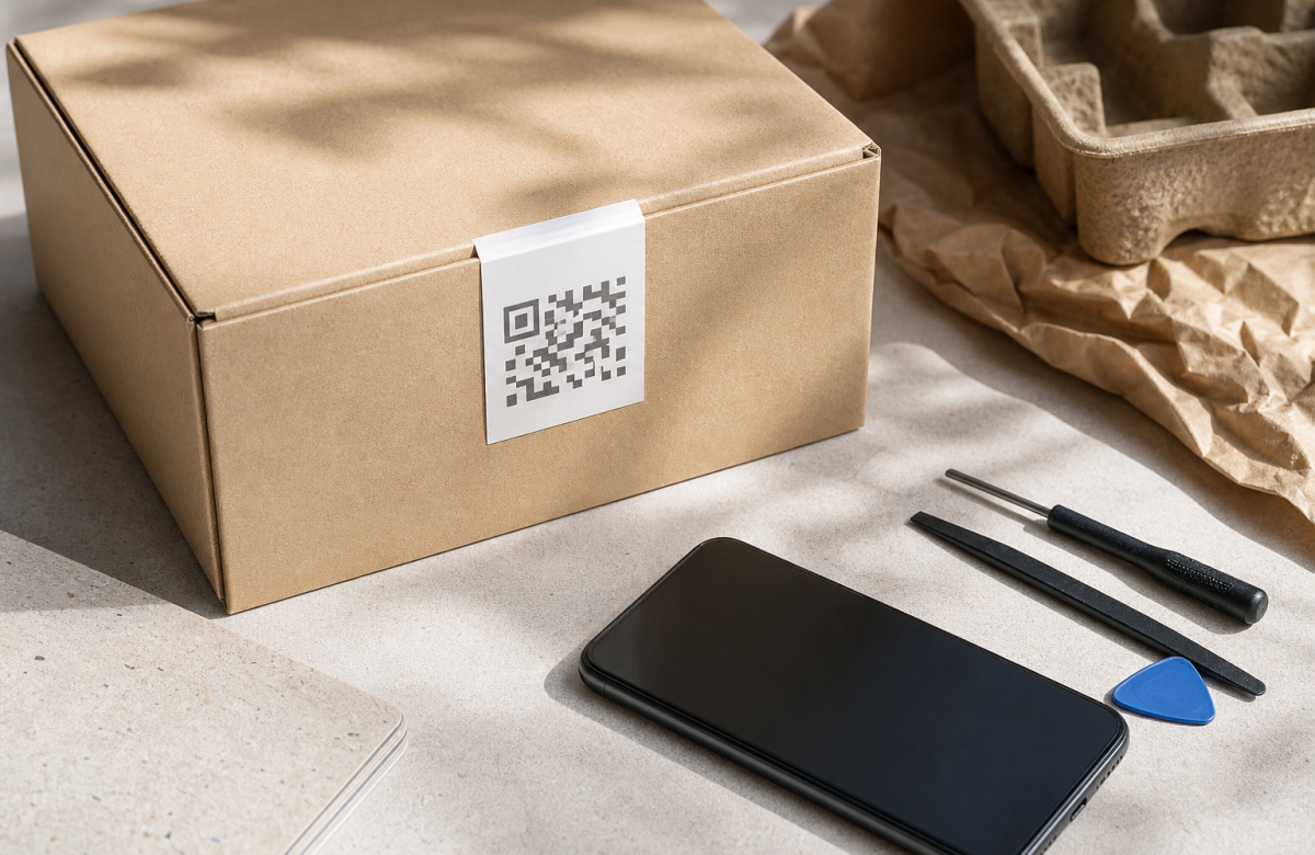 Scatola generica con codice astratto e smartphone per informazioni di prodotto