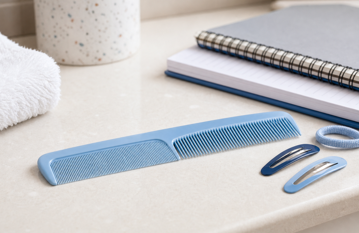 Pettine a denti fitti e quaderno scolastico generico