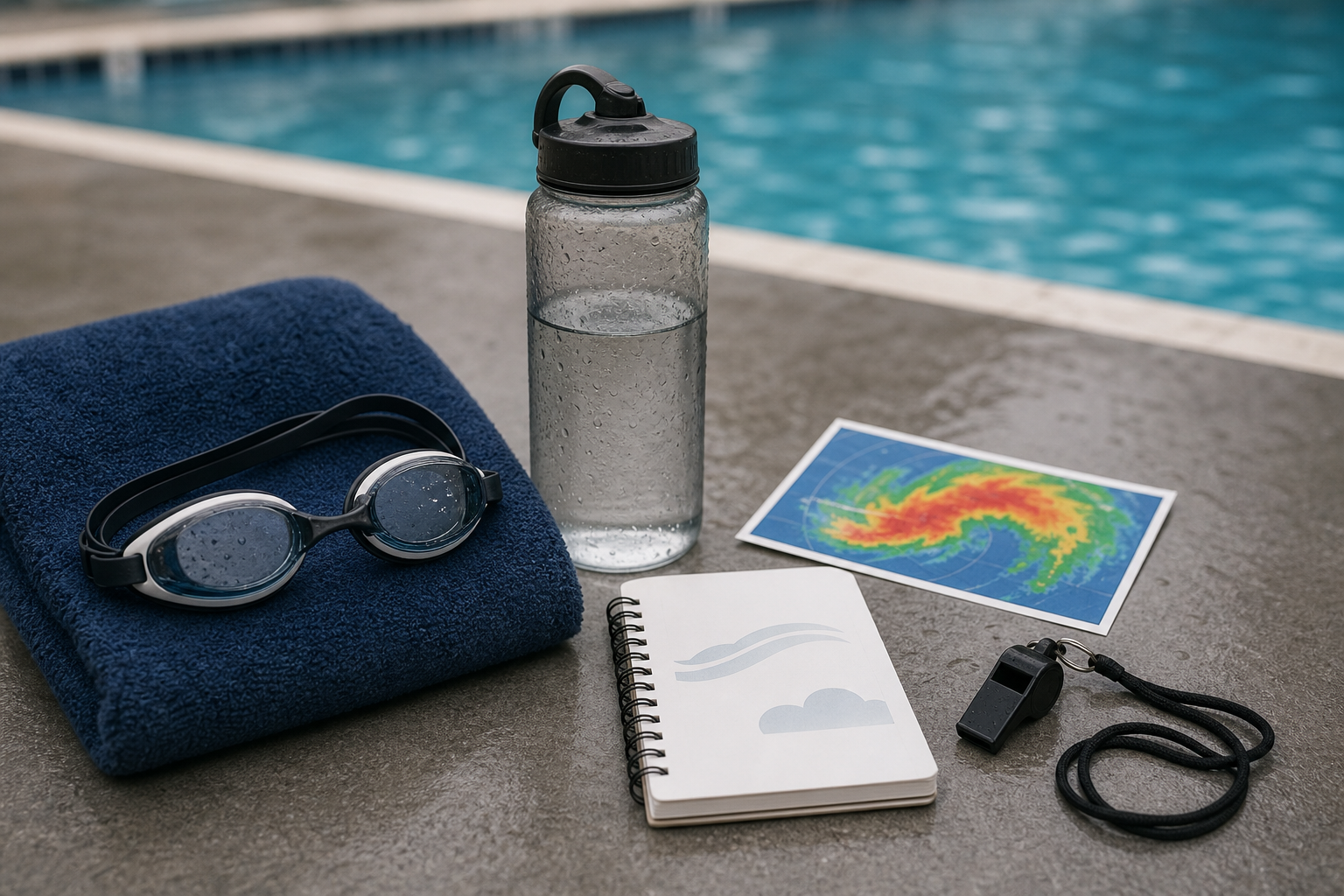 Occhialini asciugamano e appunti per controllare il meteo in piscina