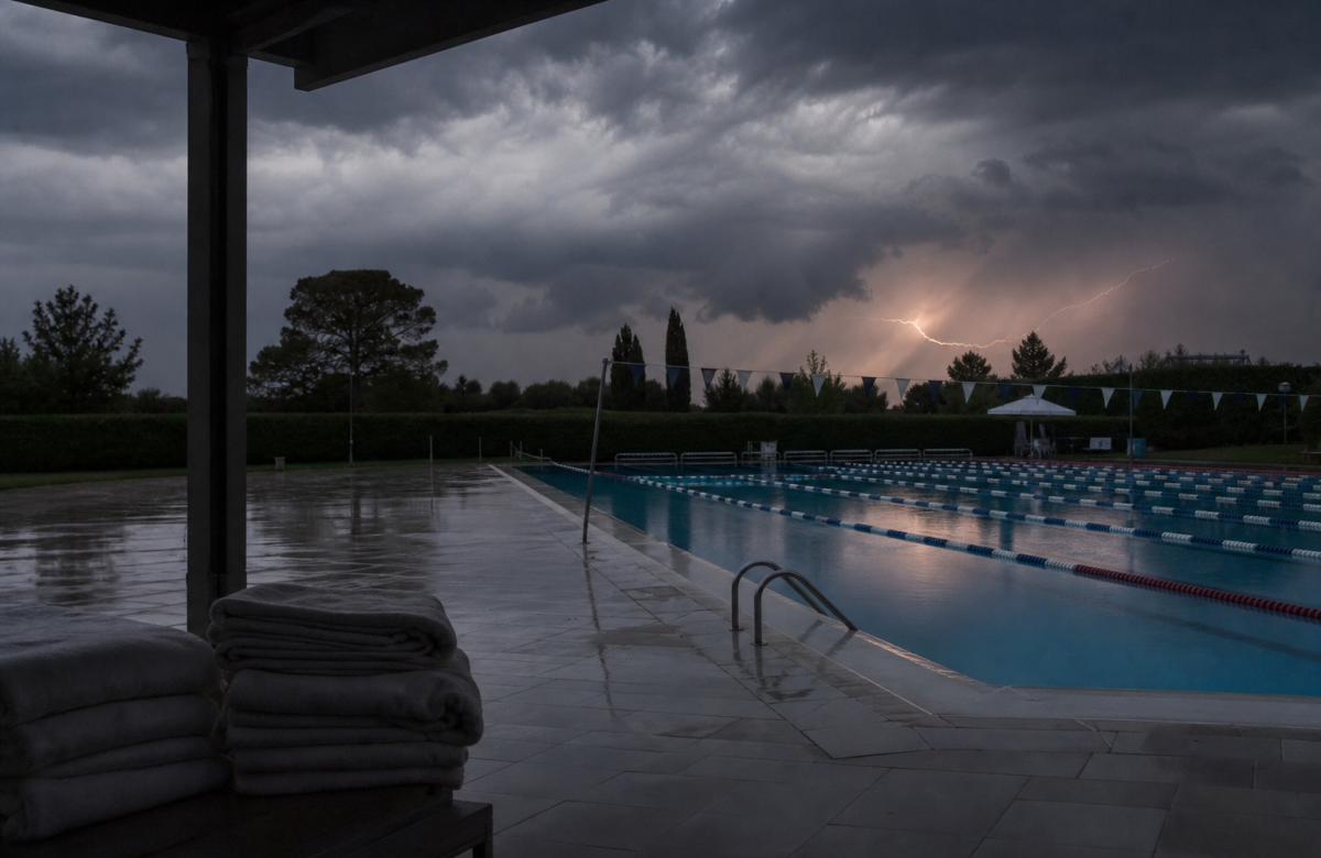 Piscina esterna vuota durante un temporale estivo