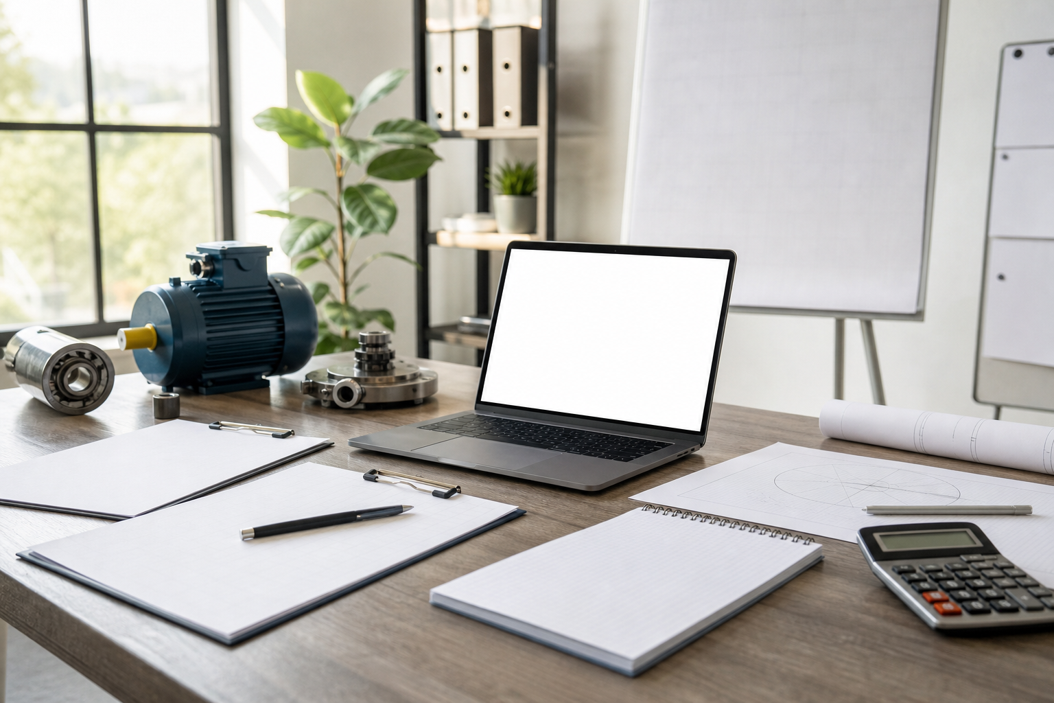 Ufficio tecnico generico con laptop e componenti industriali