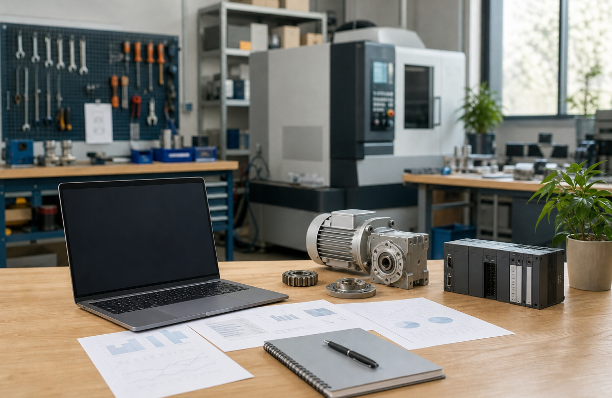 Officina generica con laptop e componenti industriali