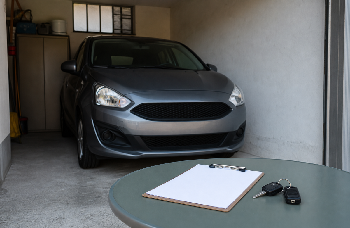 Auto generica in garage con documenti assicurativi vuoti