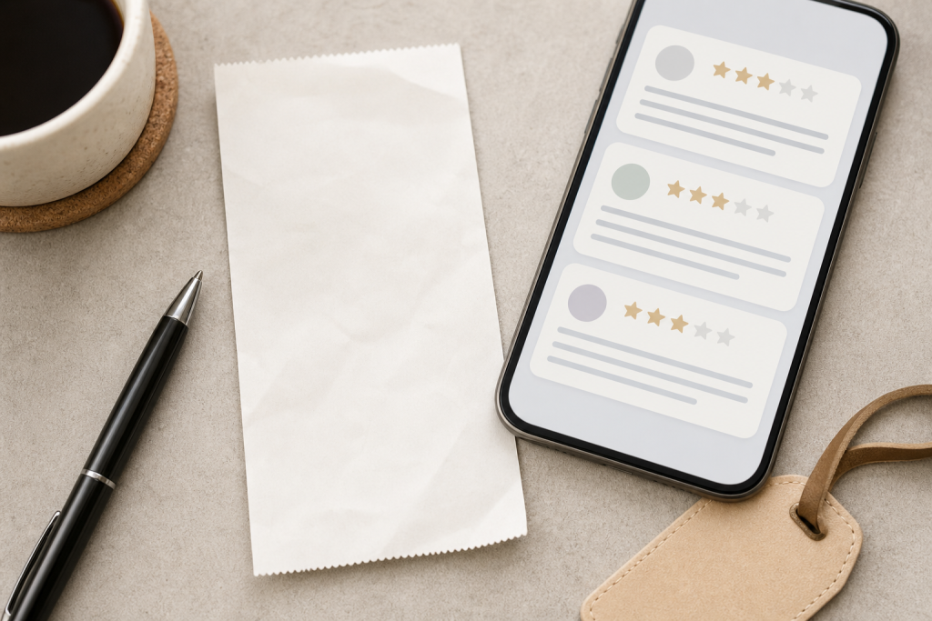 Scontrino vuoto e smartphone con recensioni online generiche