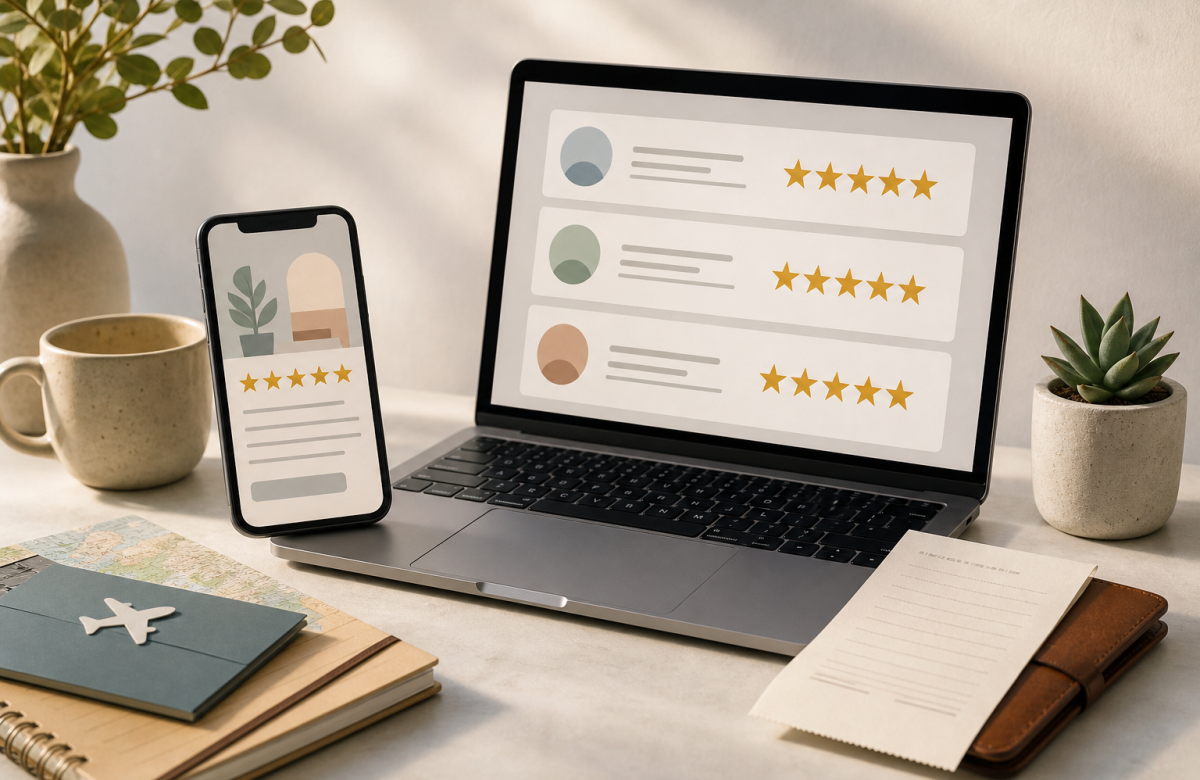 Laptop e smartphone con recensioni online generiche e prova di esperienza reale