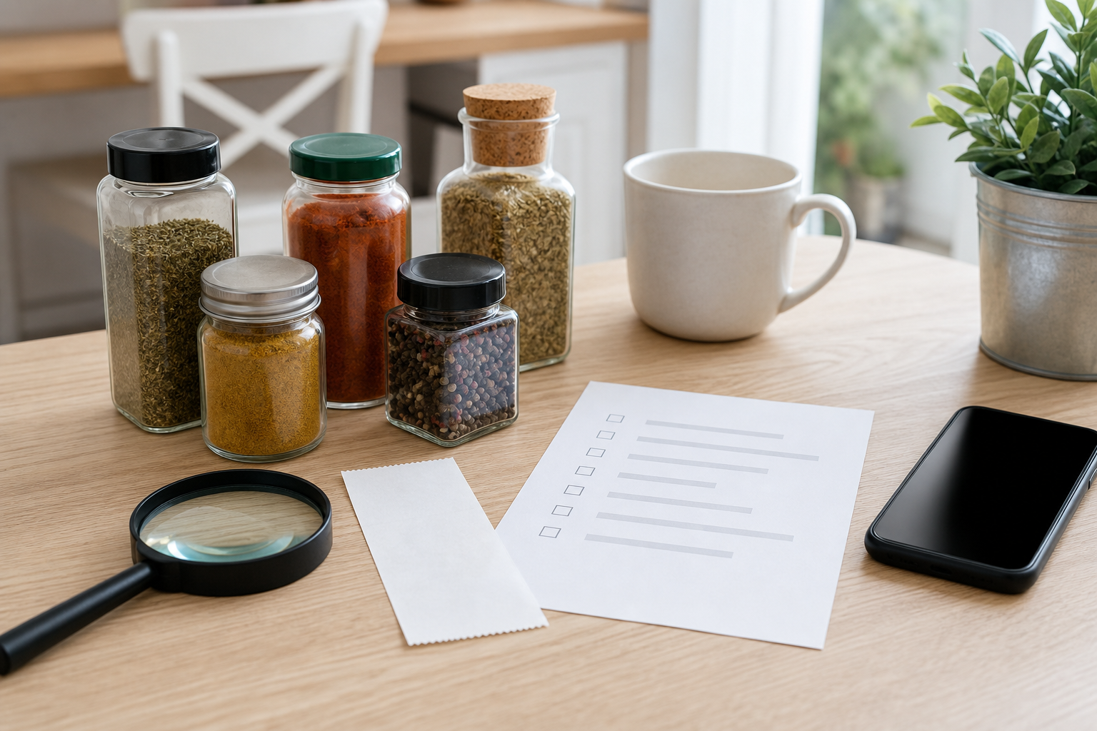 Barattoli anonimi lente e checklist per controllare etichette alimentari