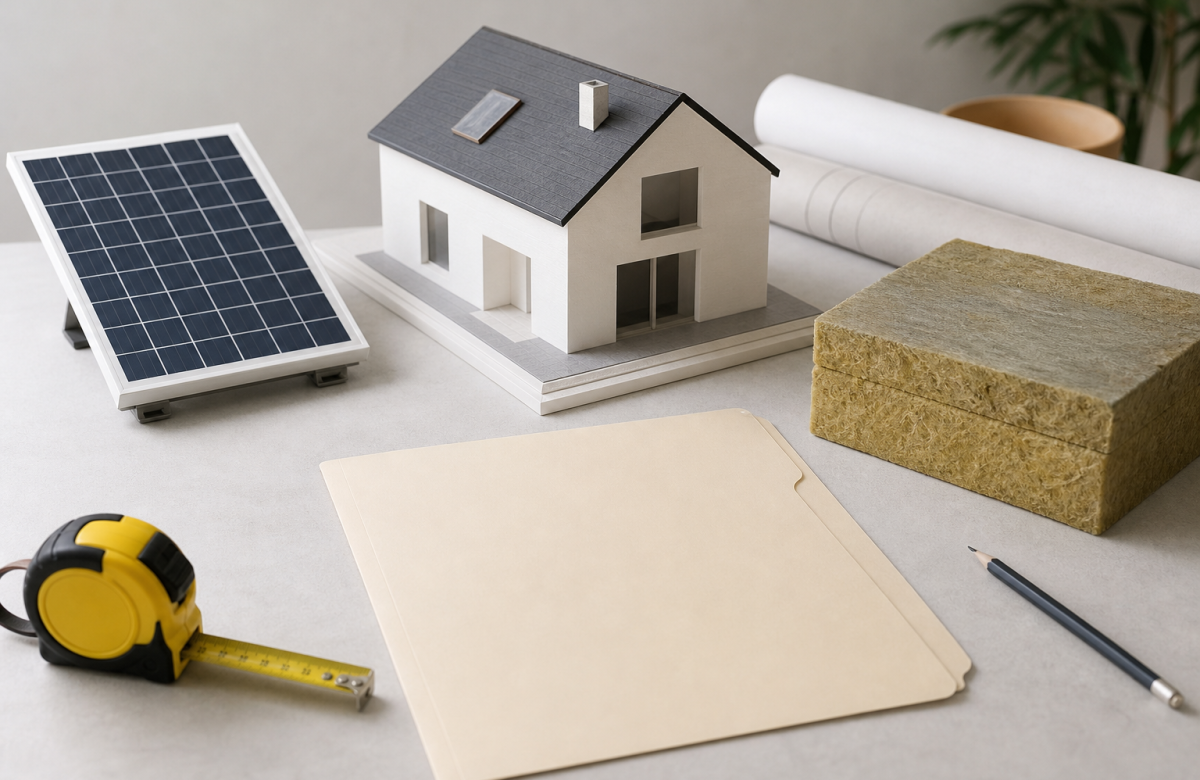 Modello di casa con pannello solare e materiali per ristrutturazione energetica