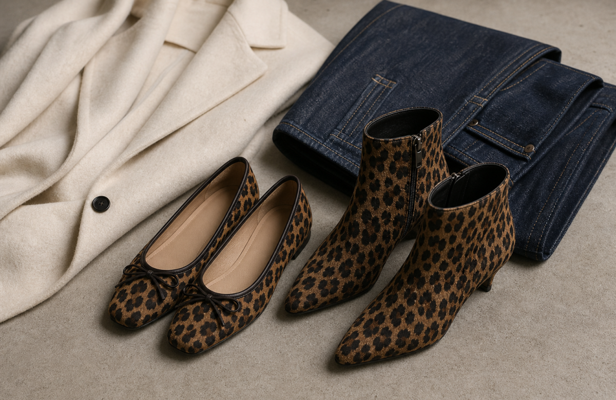 Scarpe leopardate generiche con cappotto e denim