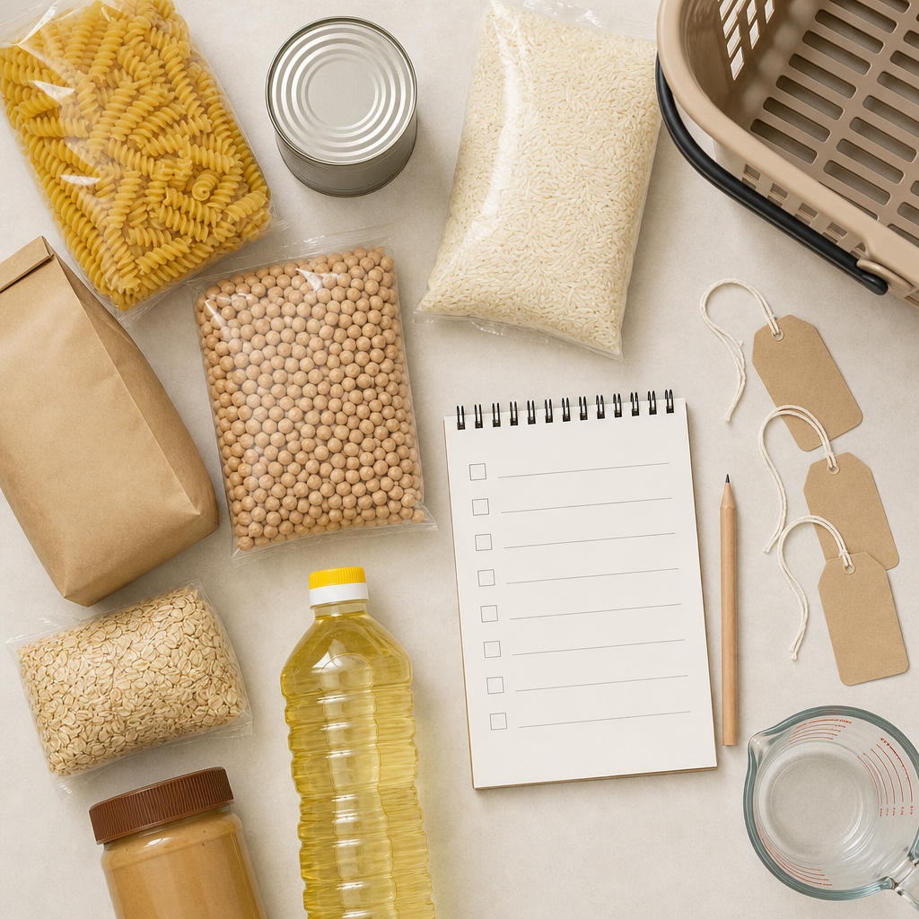 Checklist e confezioni alimentari anonime per confrontare quantità e prezzi