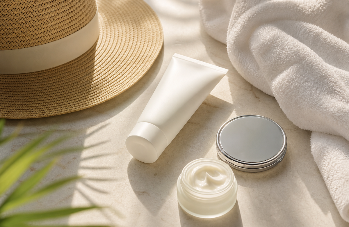 Crema anonima cappello e asciugamano per la cura della pelle dopo il sole