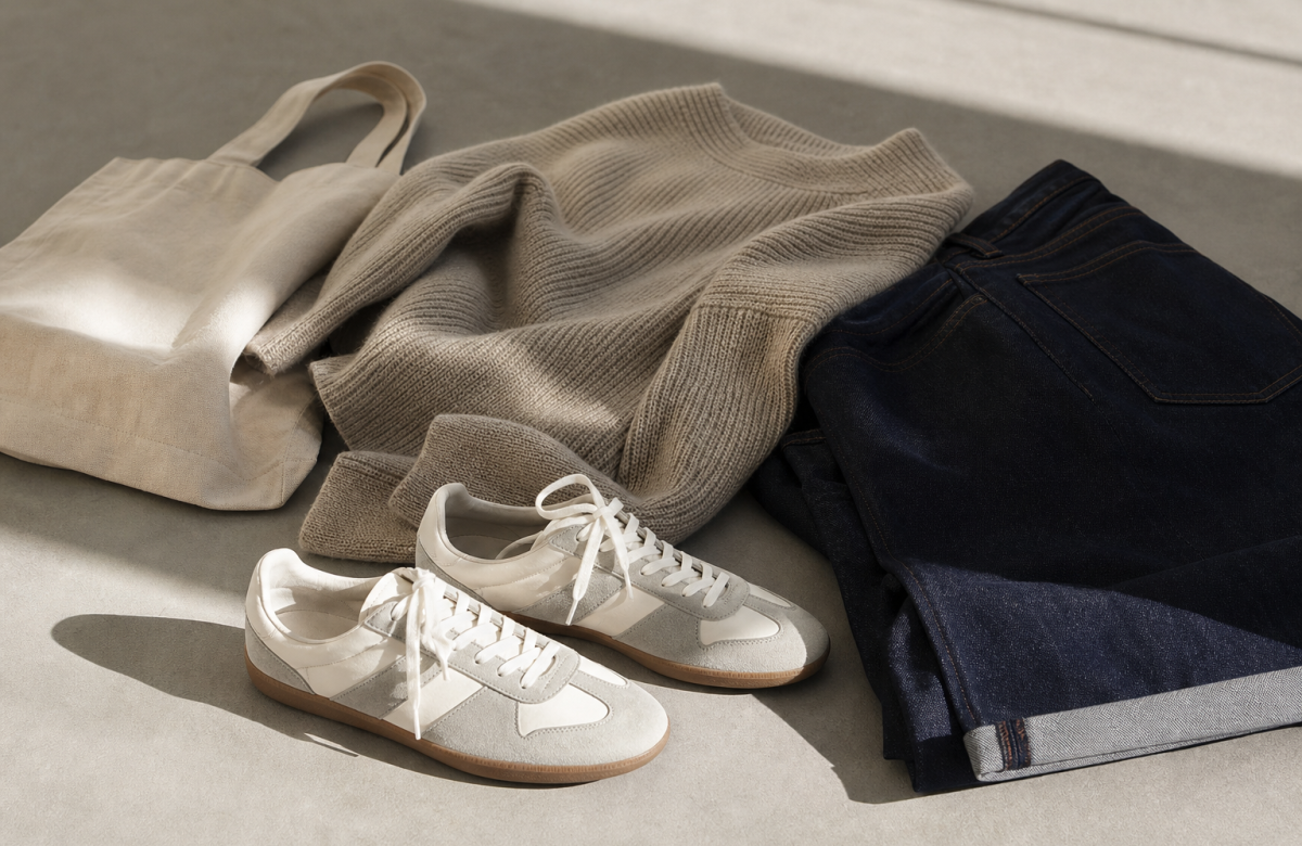 Sneakers slim generiche con jeans e maglia neutra