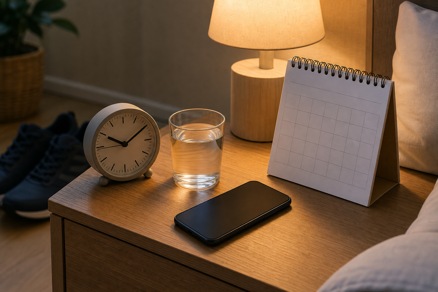 Comodino con sveglia, telefono spento e calendario per la routine serale