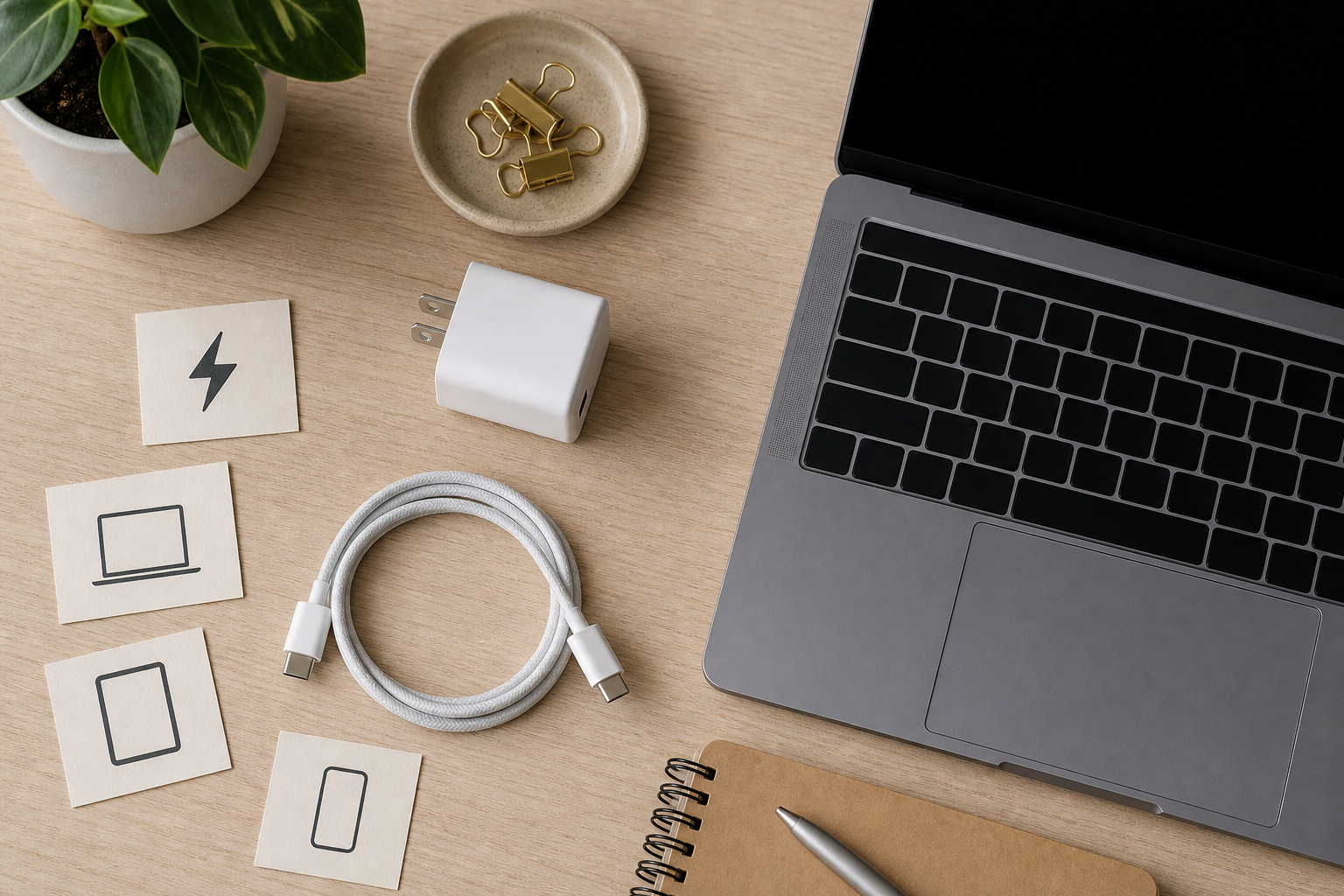 Cavo USB-C e caricatore anonimo accanto a un portatile