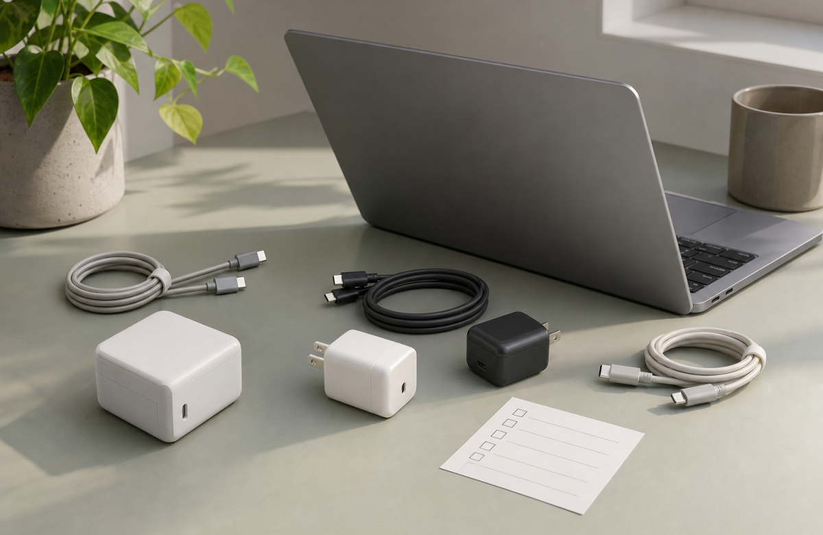 Portatile anonimo con cavi USB-C e caricabatterie generici