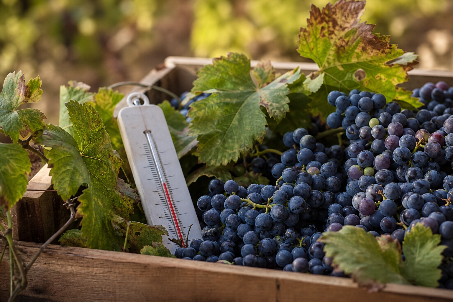 Grappoli d uva e indicatore di temperatura in cassetta
