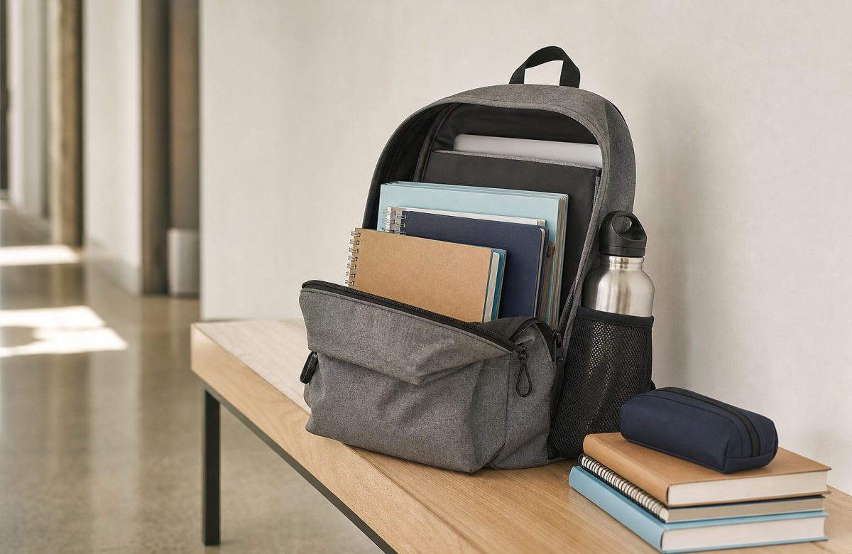 Zaino scolastico con libri e borraccia preparato per il rientro