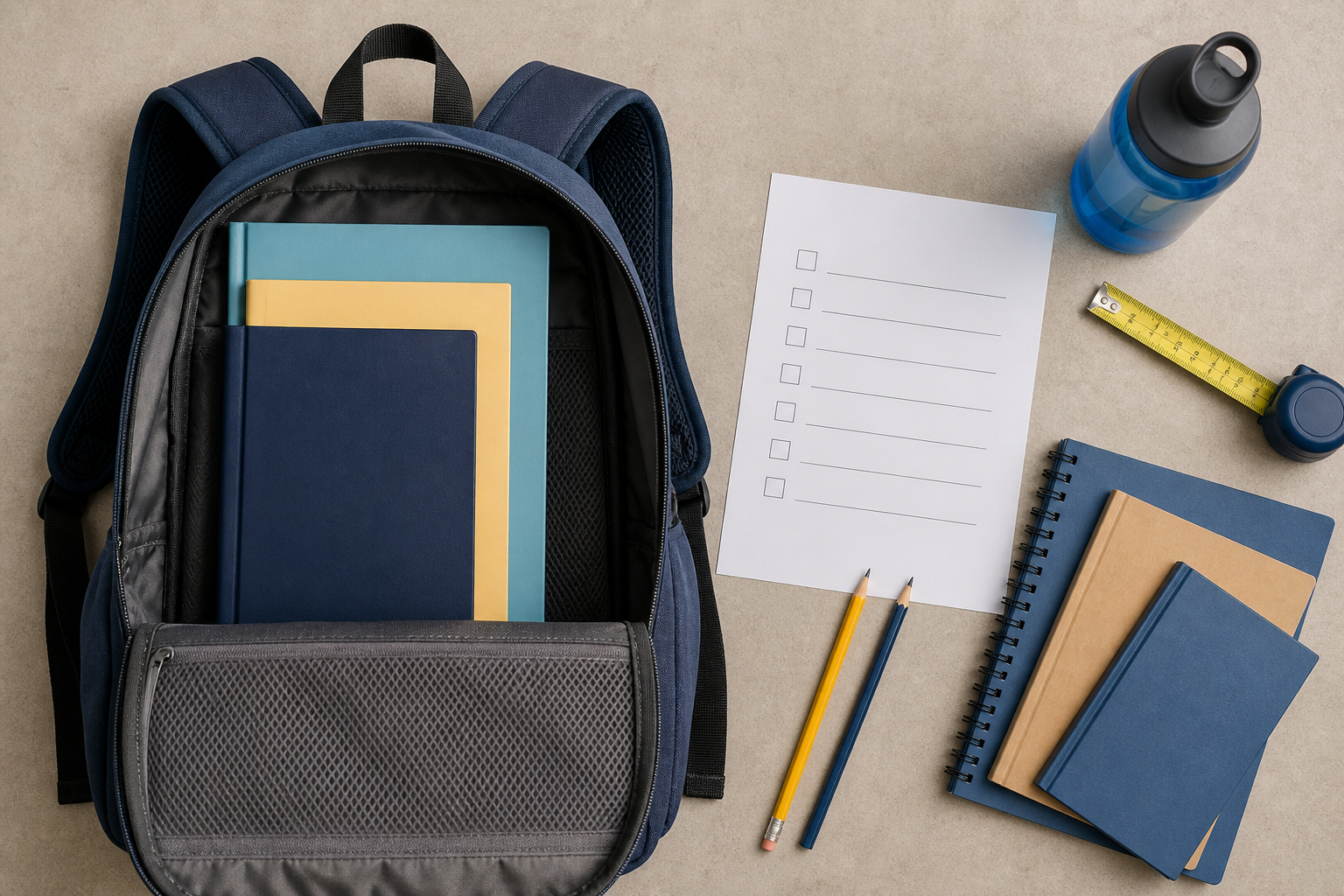 Zaino aperto con quaderni e checklist per organizzare il peso
