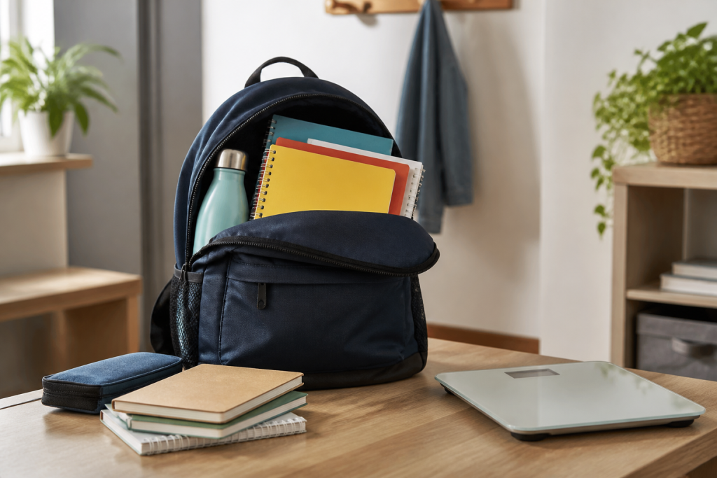 Zaino scolastico con libri e bilancia prima del rientro a scuola