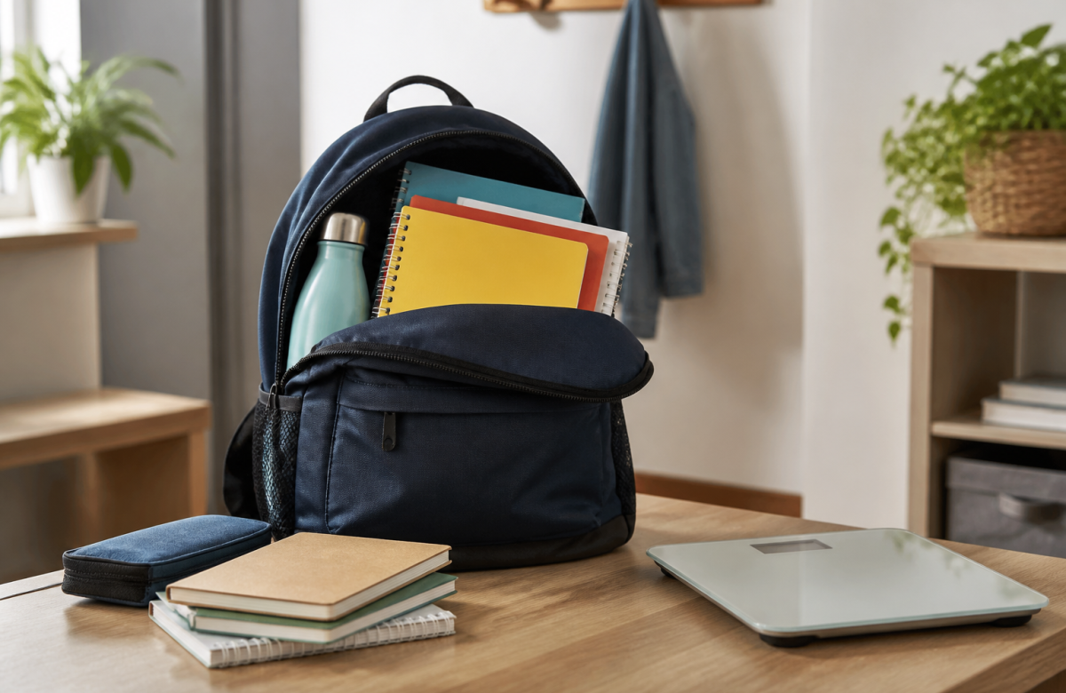 Zaino scolastico con libri e bilancia prima del rientro a scuola