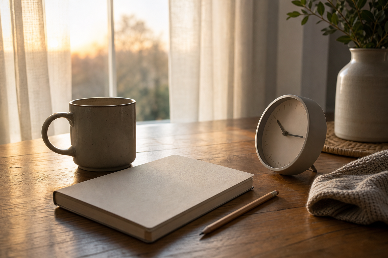 Quaderno tazza e sveglia vicino alla finestra al mattino