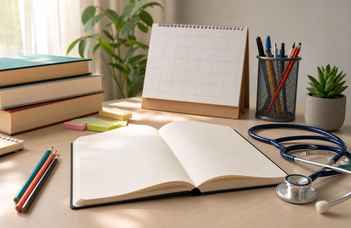 Scrivania generica con libri calendario e appunti per una prova di ammissione