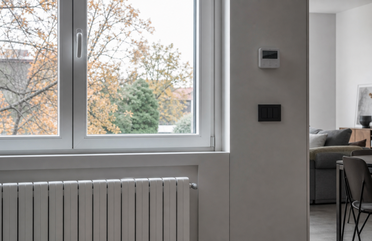 Termosifone domestico sotto una finestra in autunno