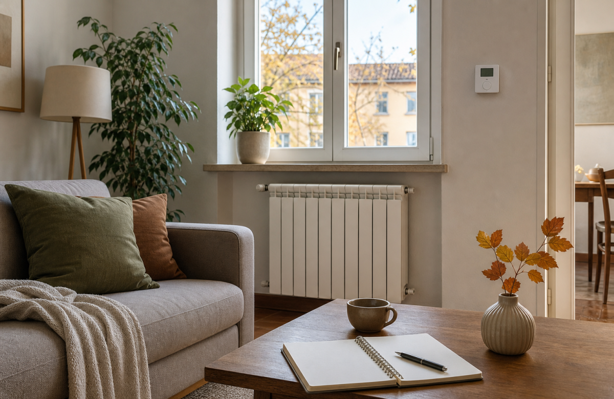 Radiatore e termostato in una casa generica prima dell accensione del riscaldamento