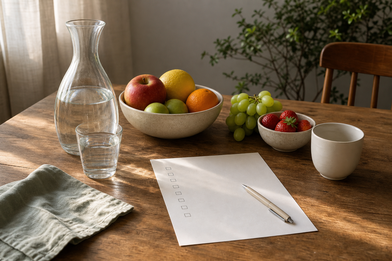 Tavolo con acqua frutta e checklist vuota per una scelta di prevenzione