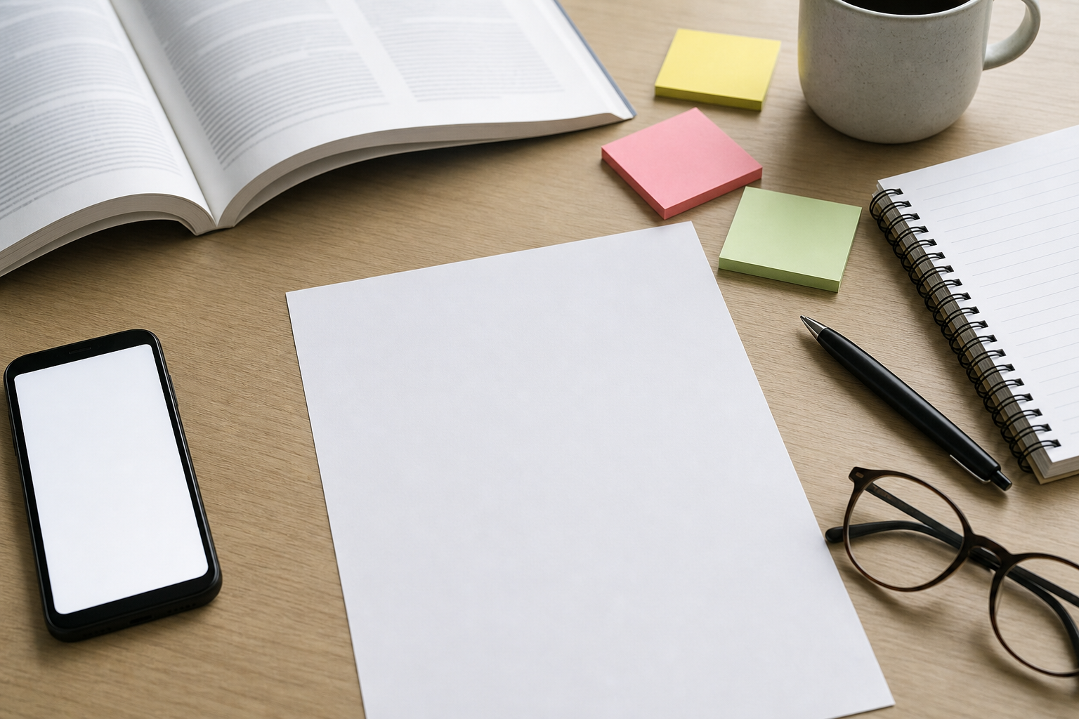 Scrivania con libro foglio e smartphone vuoti per verificare le fonti