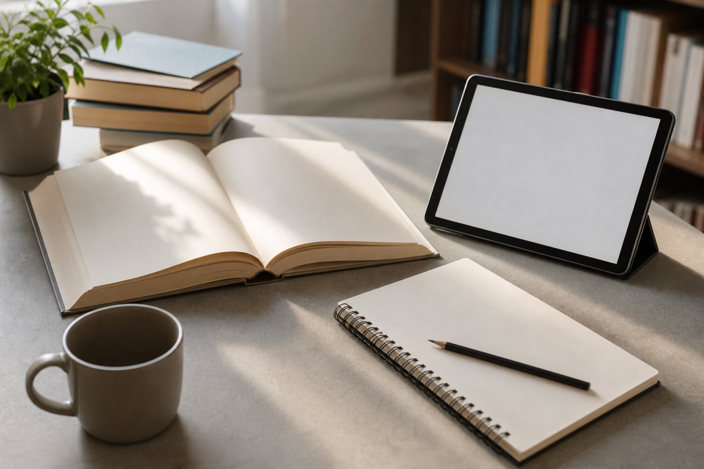 Libro aperto e tablet vuoto per alfabetizzazione digitale