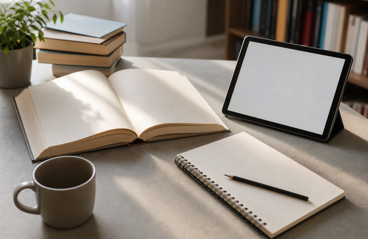 Libro aperto e tablet vuoto per alfabetizzazione digitale