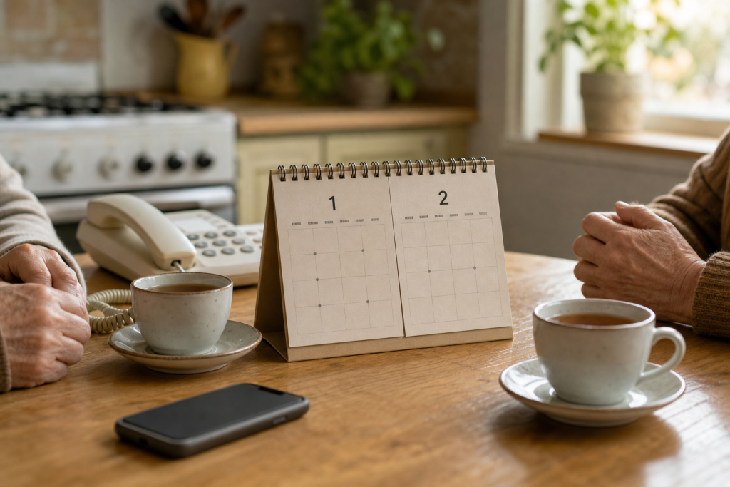 Tazze calendario e telefono per contatto con persone anziane