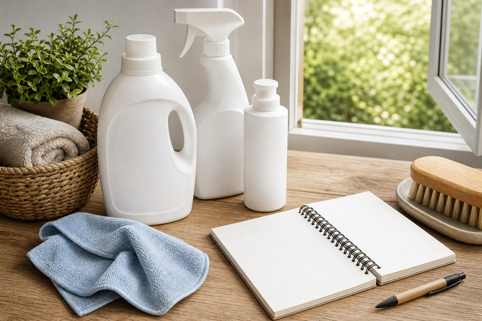 Detergenti generici e checklist vuota vicino a una finestra aperta