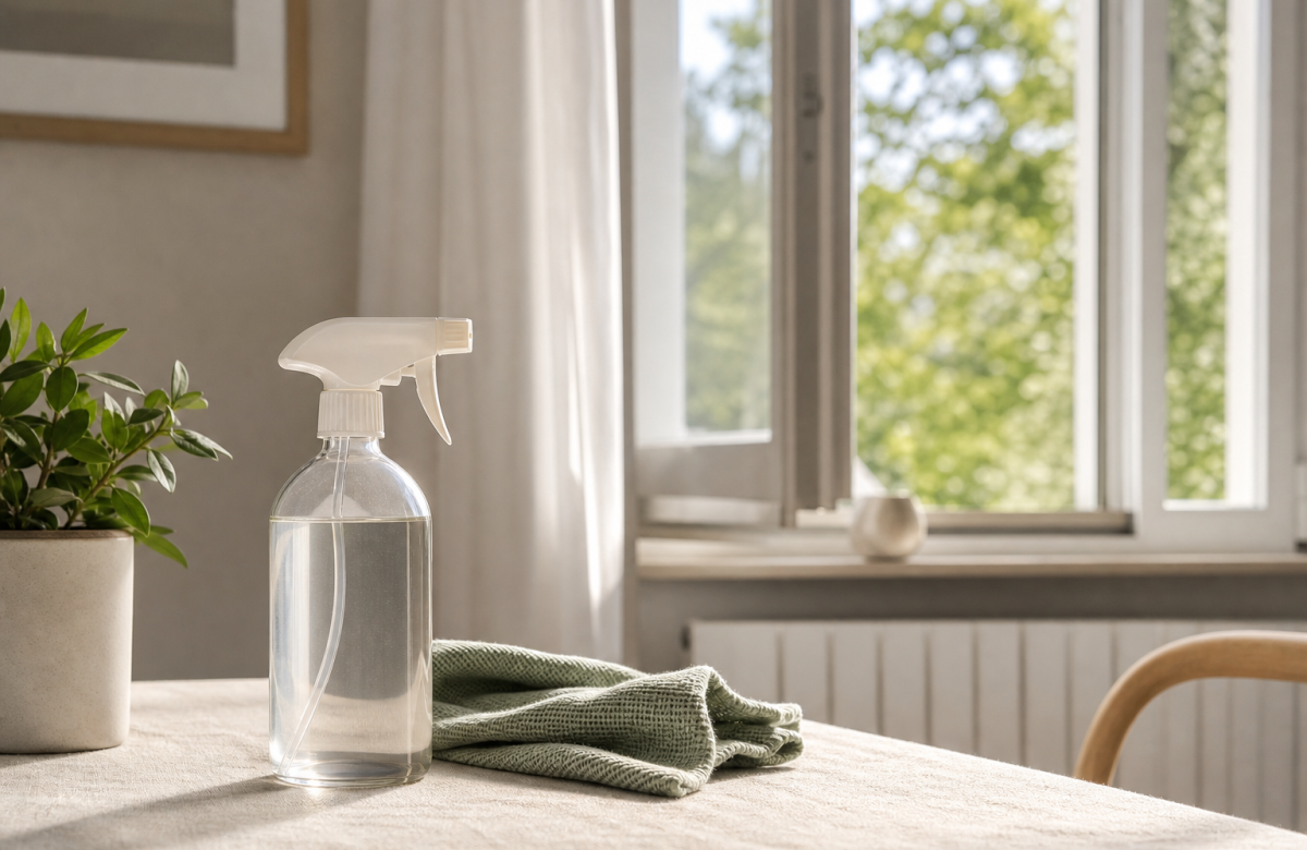 Flacone spray anonimo e finestra aperta durante le pulizie di casa
