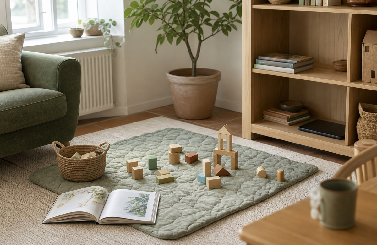 Spazio gioco domestico con libro, blocchi e tablet chiuso senza marchi