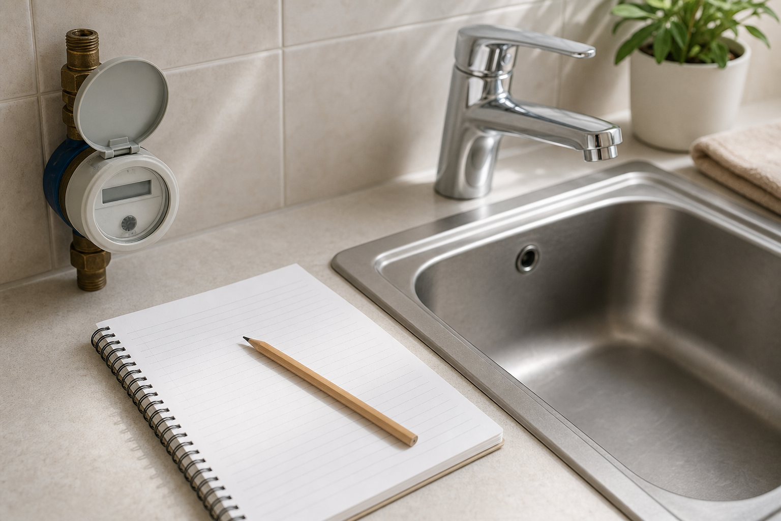 Rubinetto chiuso contatore generico e quaderno per segnare consumi d'acqua