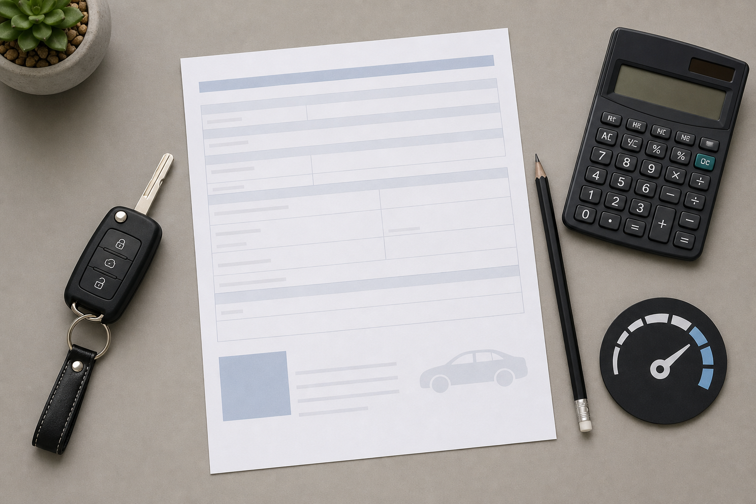 Documento auto astratto chiavi e calcolatrice per controllare la potenza in kW