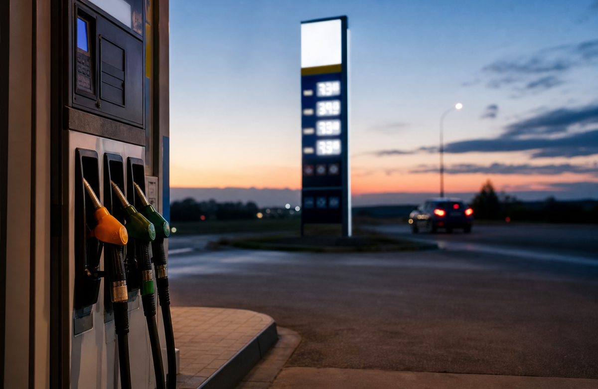 Pompe di carburante generiche al tramonto senza marchi