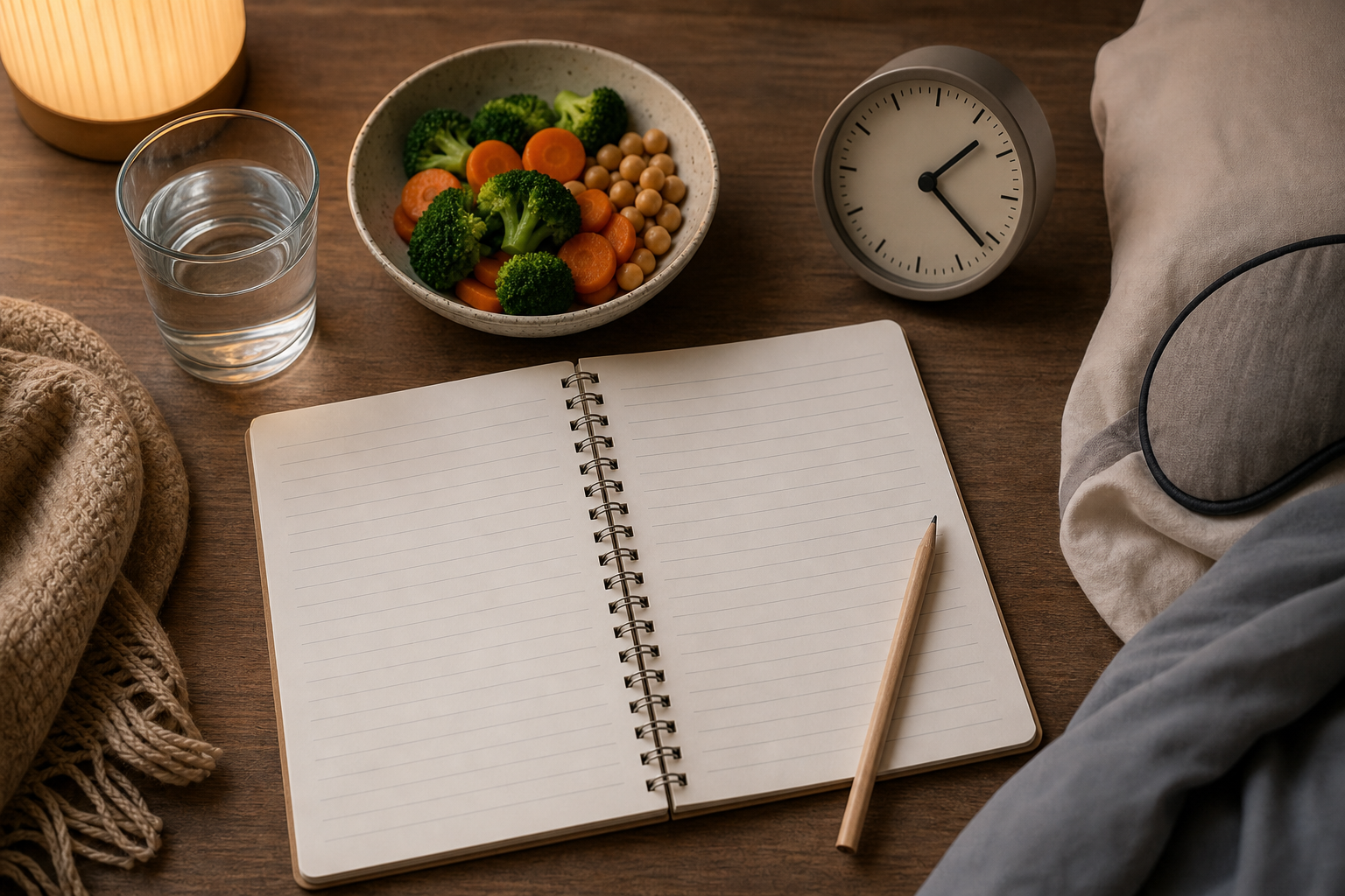 Tavolo generico con quaderno, verdure e orologio per pianificare la cena