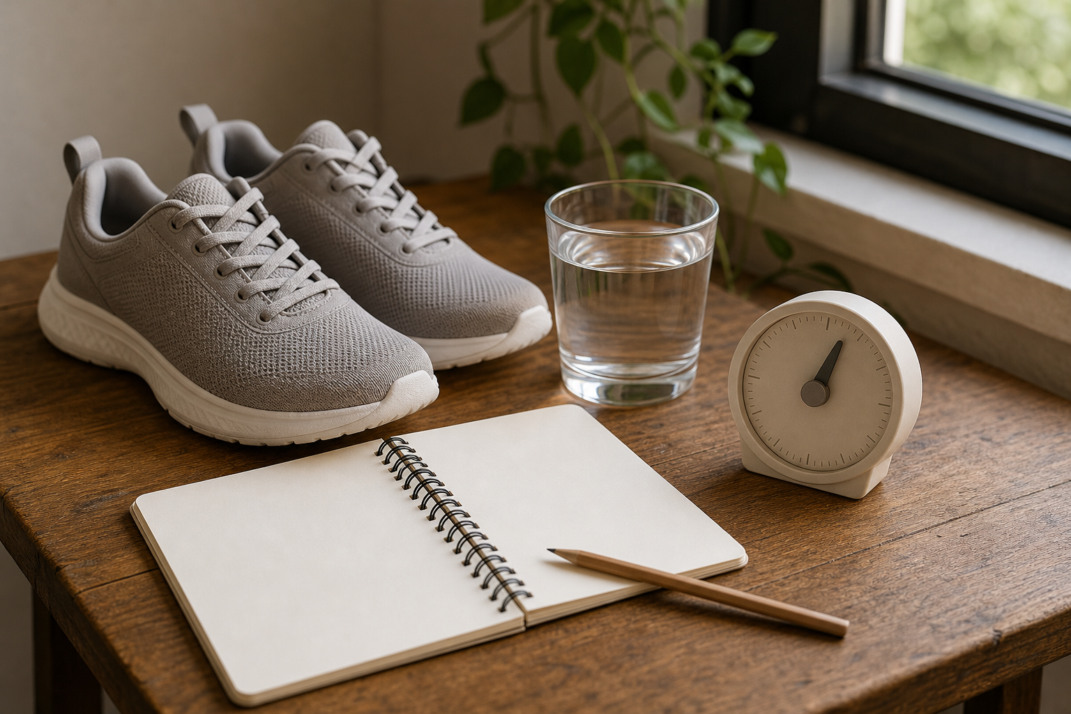 Scarpe da camminata, acqua e agenda per una routine di movimento