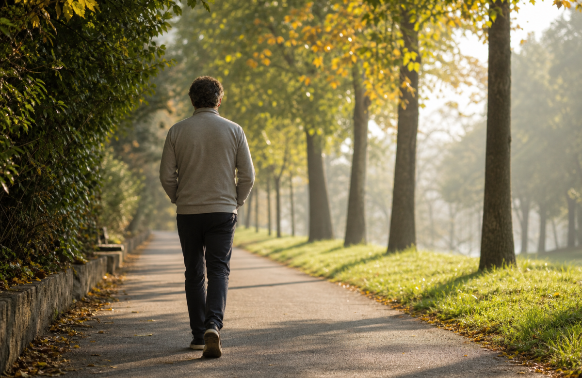 Persona anonima che cammina in un parco per una routine di movimento quotidiano